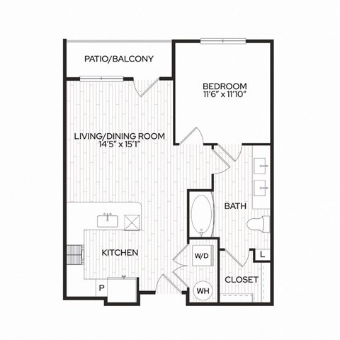 Floor plan for 1 bed, 1 bath, 658 sqft